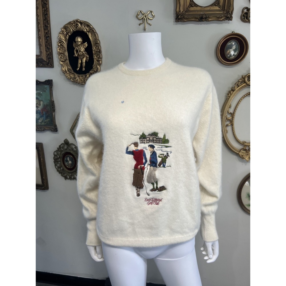 Loch Lomond Golf Club Cream Wool Angora Embroidered Sweater Size 42